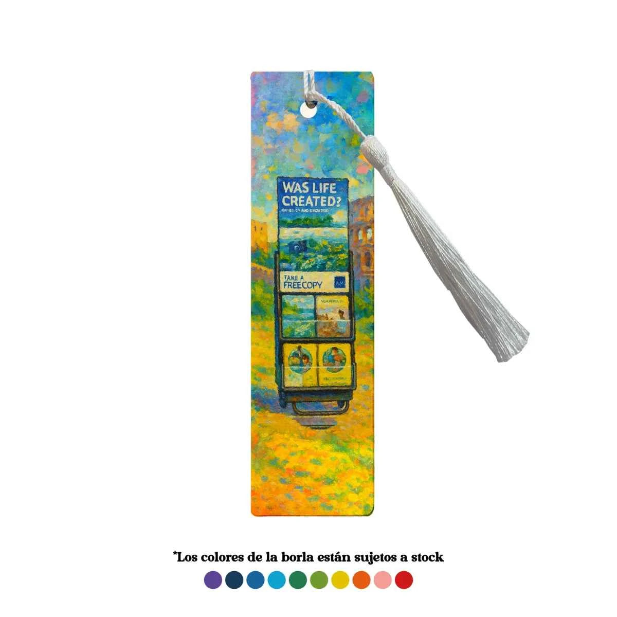 Marcapáginas con borla diseño Carritos en tonos vibrantes.