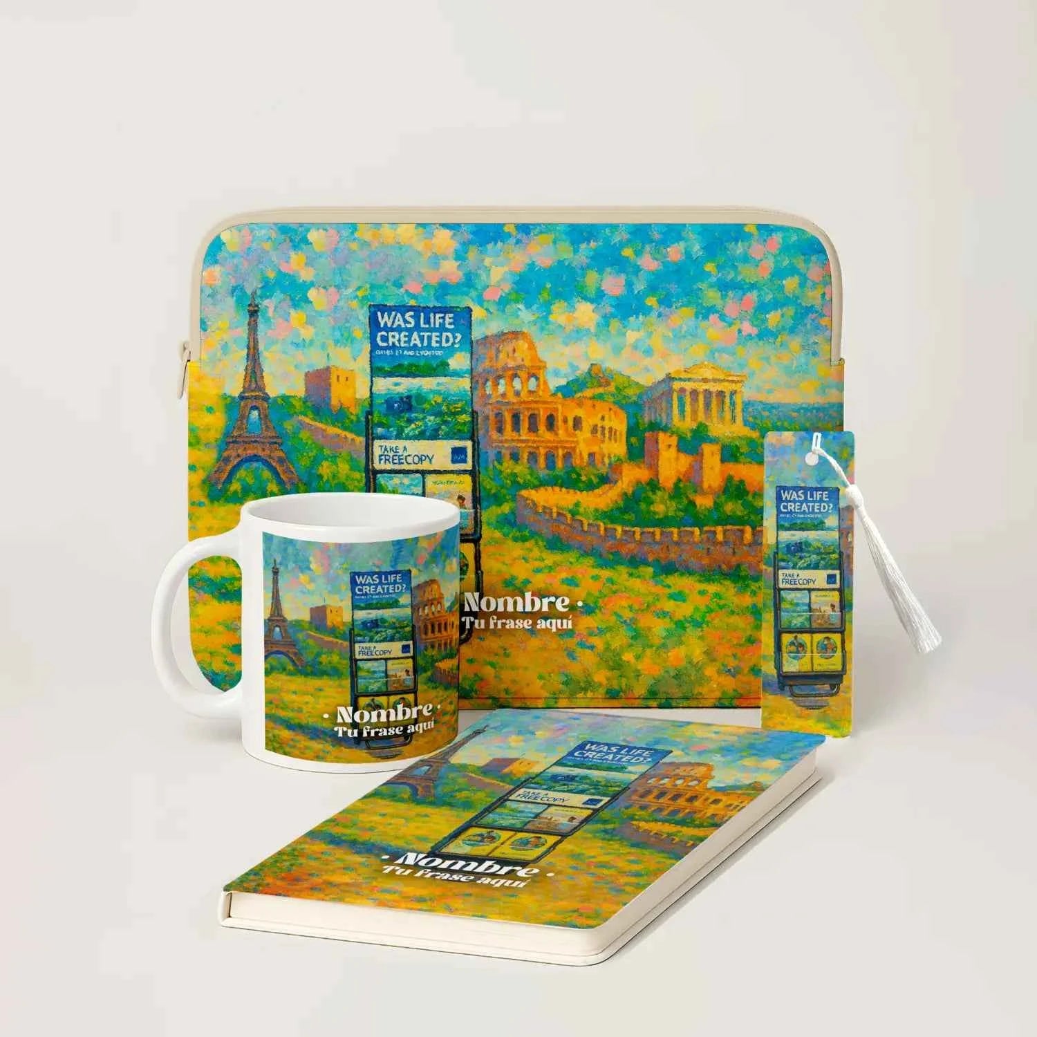 Pack Estudio Digital Diseño Carritos con funda, libreta, taza y marcapáginas personalizado.