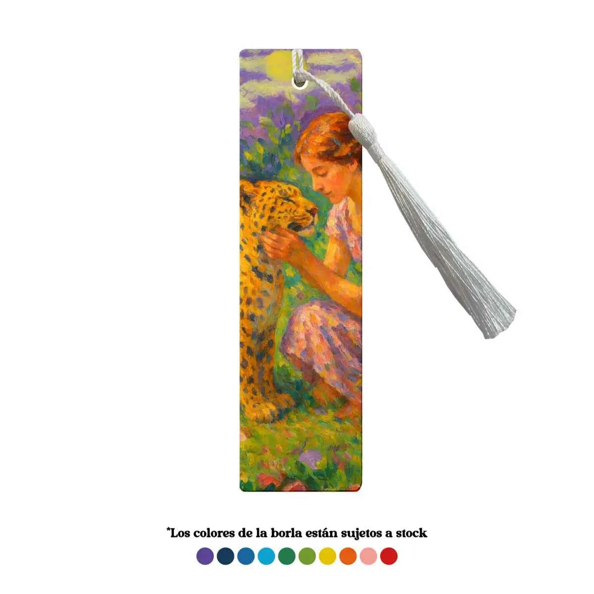 Marcapáginas diseño leopardo con ilustración de niña acariciando a un leopardo, impresión artística vertical