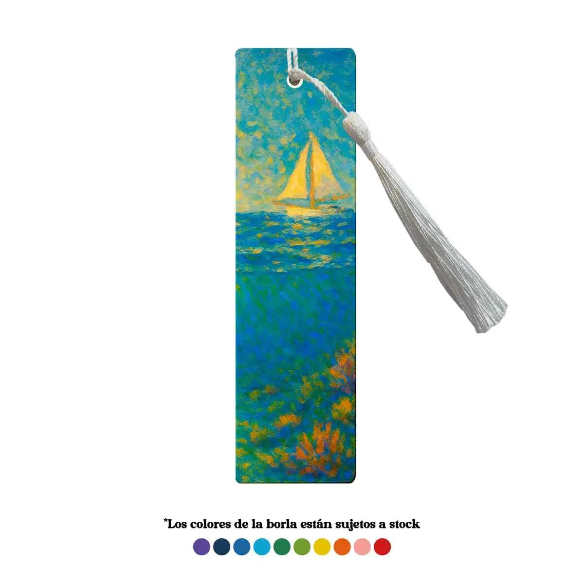 Marcapáginas con borla blanca y diseño Velero en formato vertical.