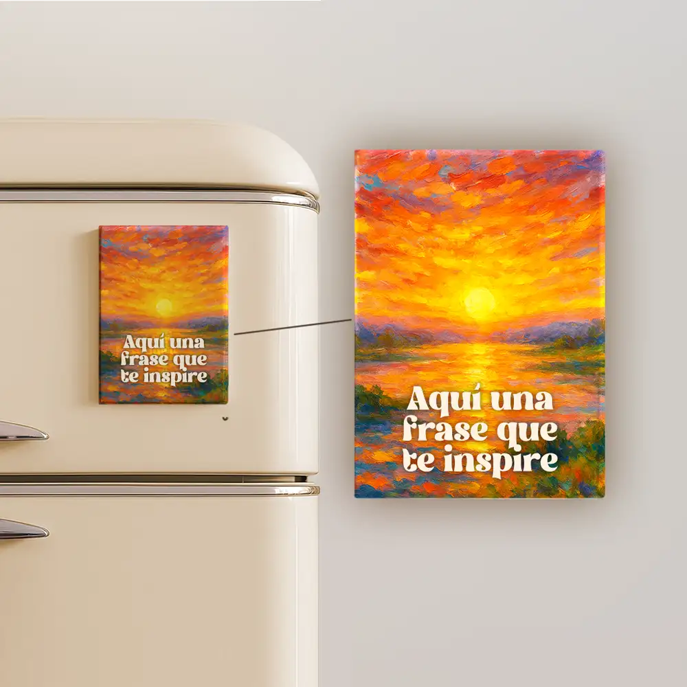 Pack por unidades de imanes recrangulares con una imagen de un ataardecer en tonos naranjas. Personalizado con frase
