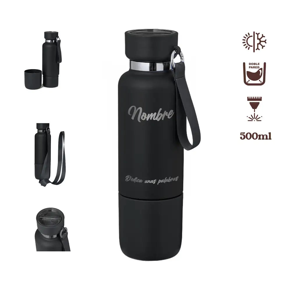 Bidón térmico negro personalizable con nombre y frase. Dispone de asa pequeña y cinta grande para colgar. 