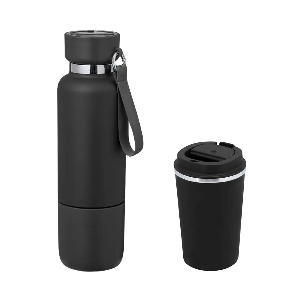 Pack Classic con bidón térmico negro y taza térmica negra, ambos personalizables con nombre y frase. Regalo práctico y clásico para cualquier ocasión.
