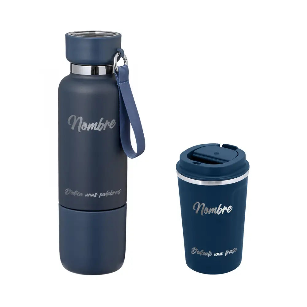 Pack Classic con bidón térmico azul y taza térmica azul, ambos personalizables con nombre y frase. Regalo práctico y clásico para cualquier ocasión.