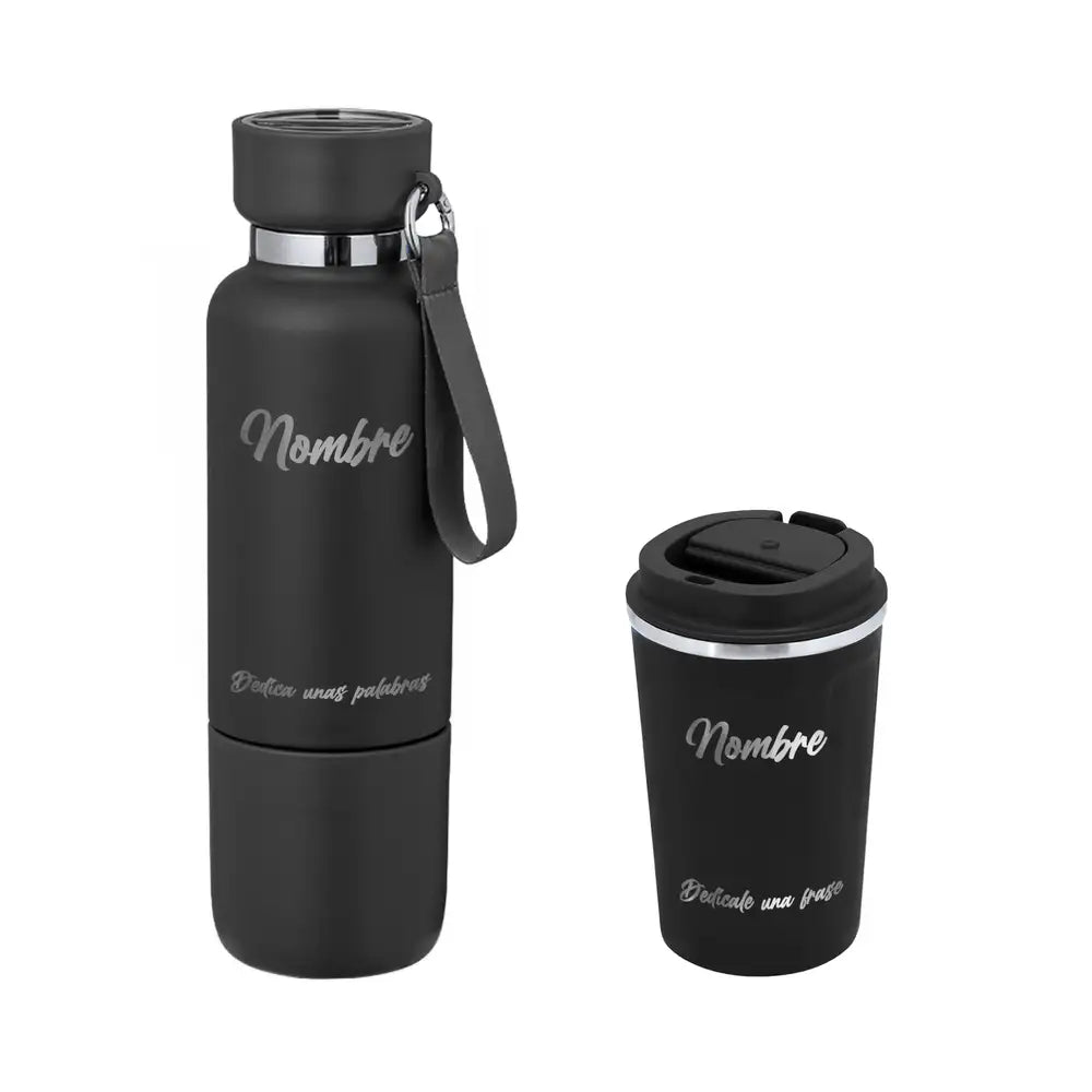 Pack Classic con bidón térmico negro y taza térmica negro, ambos personalizables con nombre y frase. Regalo práctico y clásico para cualquier ocasión.
