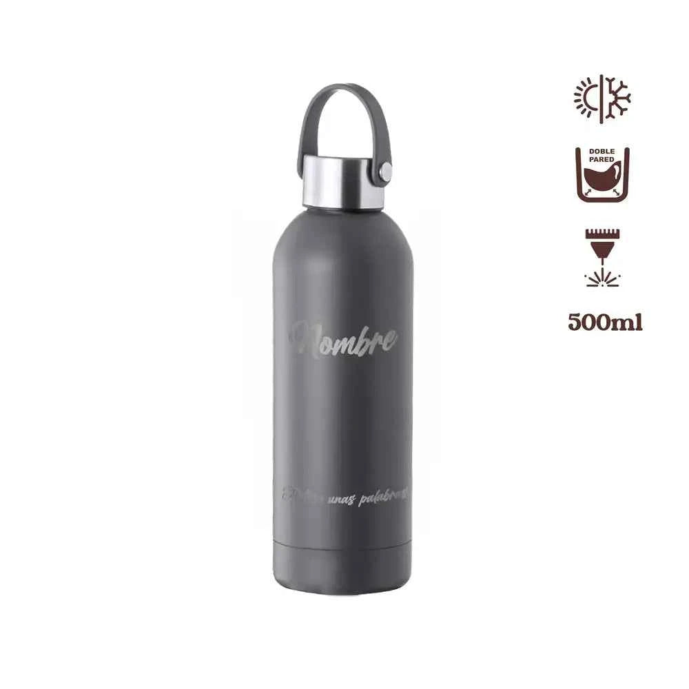 Bidón térmico de 500ml de doble capa grabado a laser con nombre y frase.
