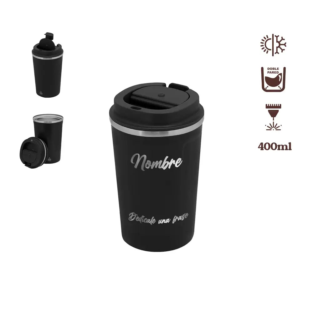 Vaso térmico negro con tapa anti-derrames, personalizable con nombre y frase. Con doble pared y 400ml de capacidad
