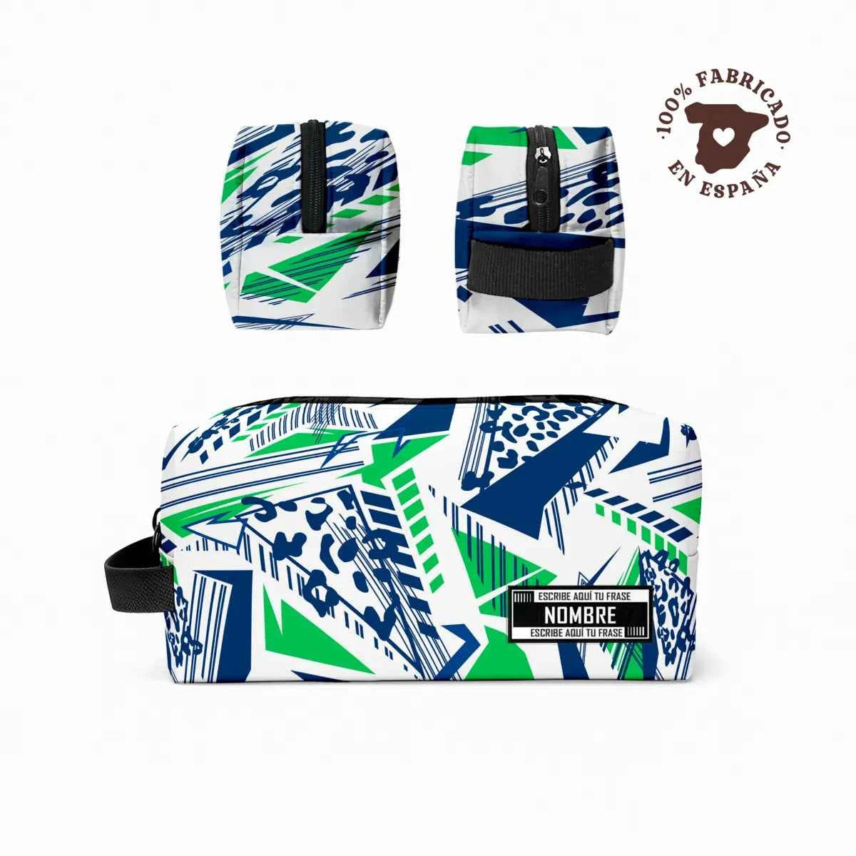 Neceser con estampado Blue Power abstracto personalizado en tonos azules, verdes y blanco, ideal como regalo para el gym y fabricado en España.