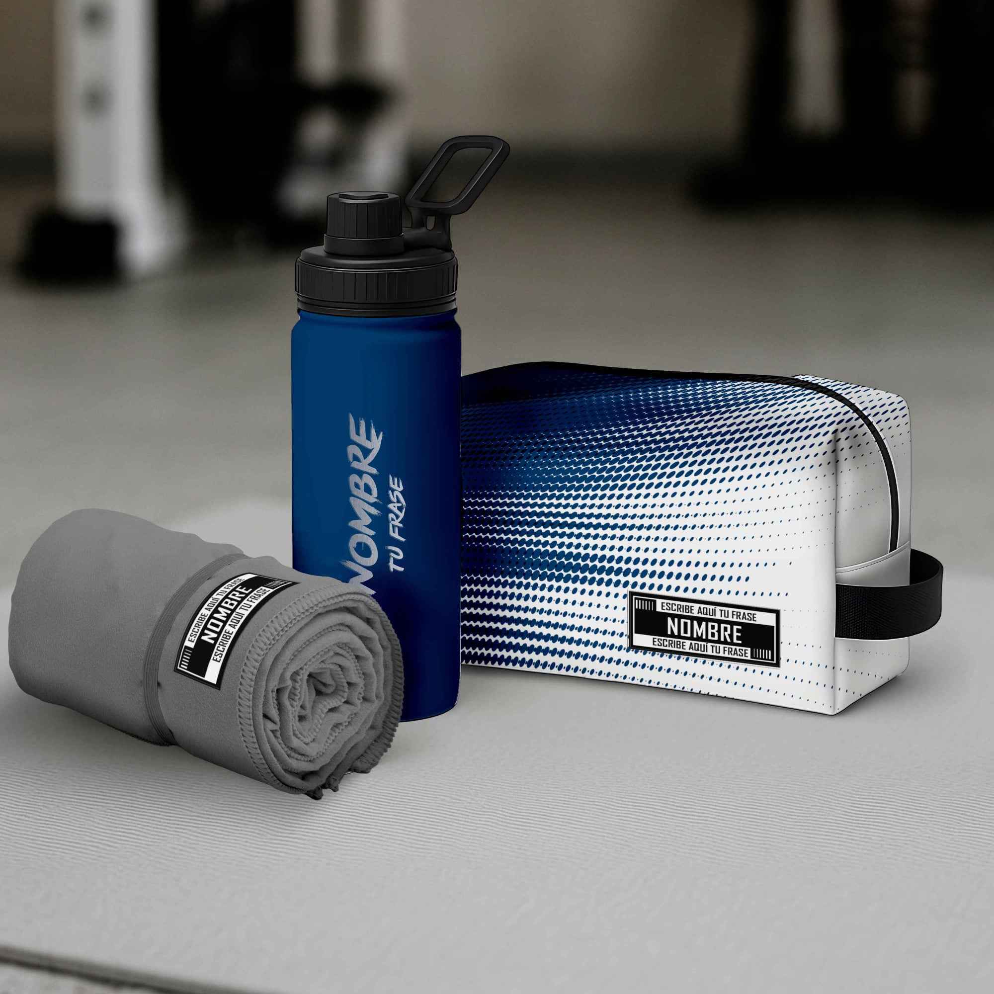 Pack Sport personalizado con neceser, bidón deportivo y toalla microfibra, regalo práctico para deportistas en tonos azules blancos y grises