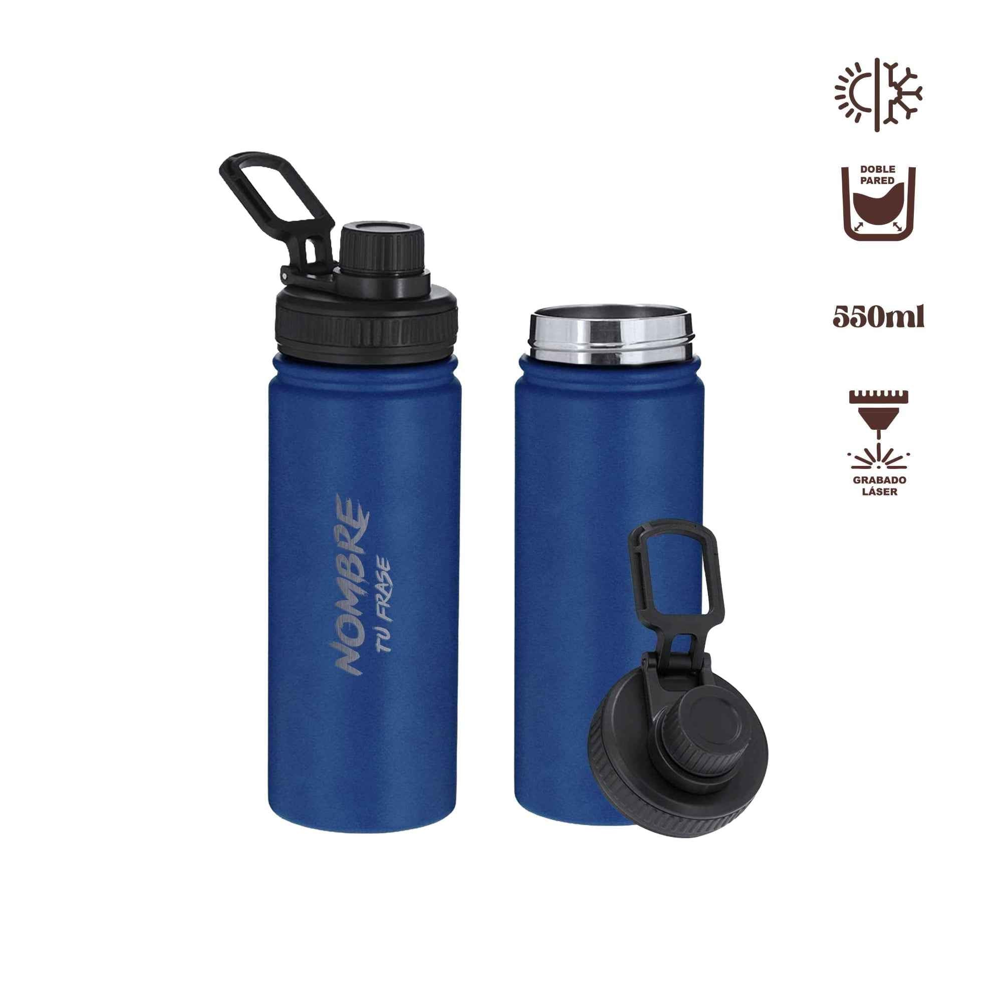 Bidón azul deportivo personalizado para gym, perfecto como regalo con nombre y frase.