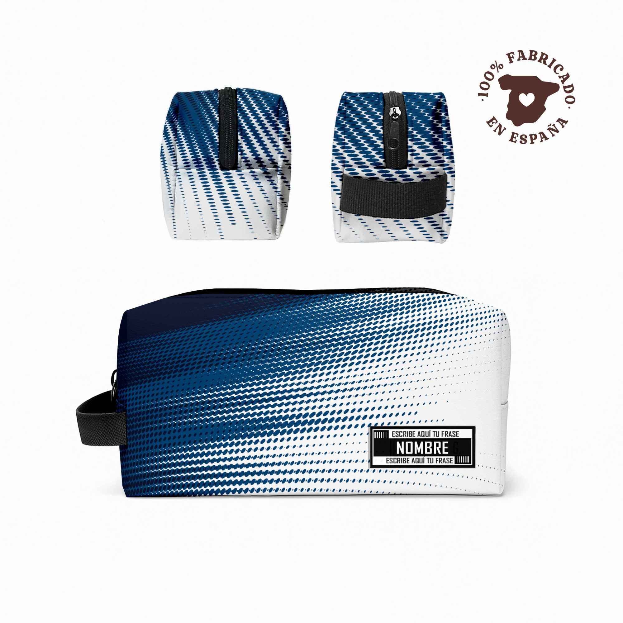 Neceser con estampado abstracto personalizado, ideal como regalo para el gym. Fabricado en España. Tonos blancos azules y negros. Con tu nombre y tu frase motivadora.