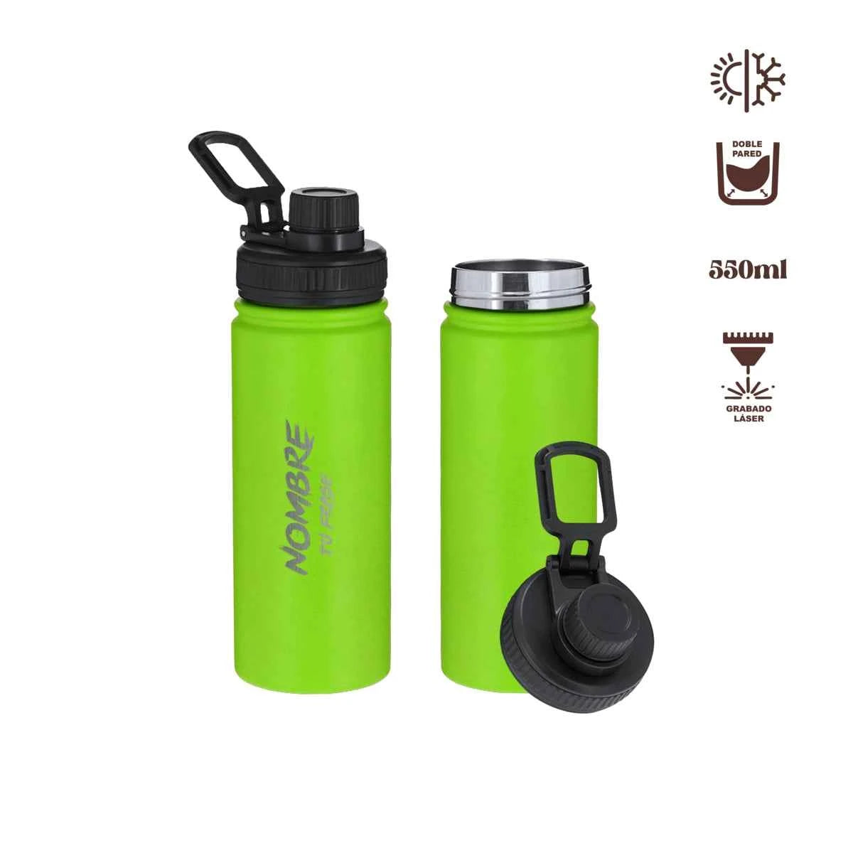 Bidón verde deportivo personalizado para gym, perfecto como regalo con nombre y frase.