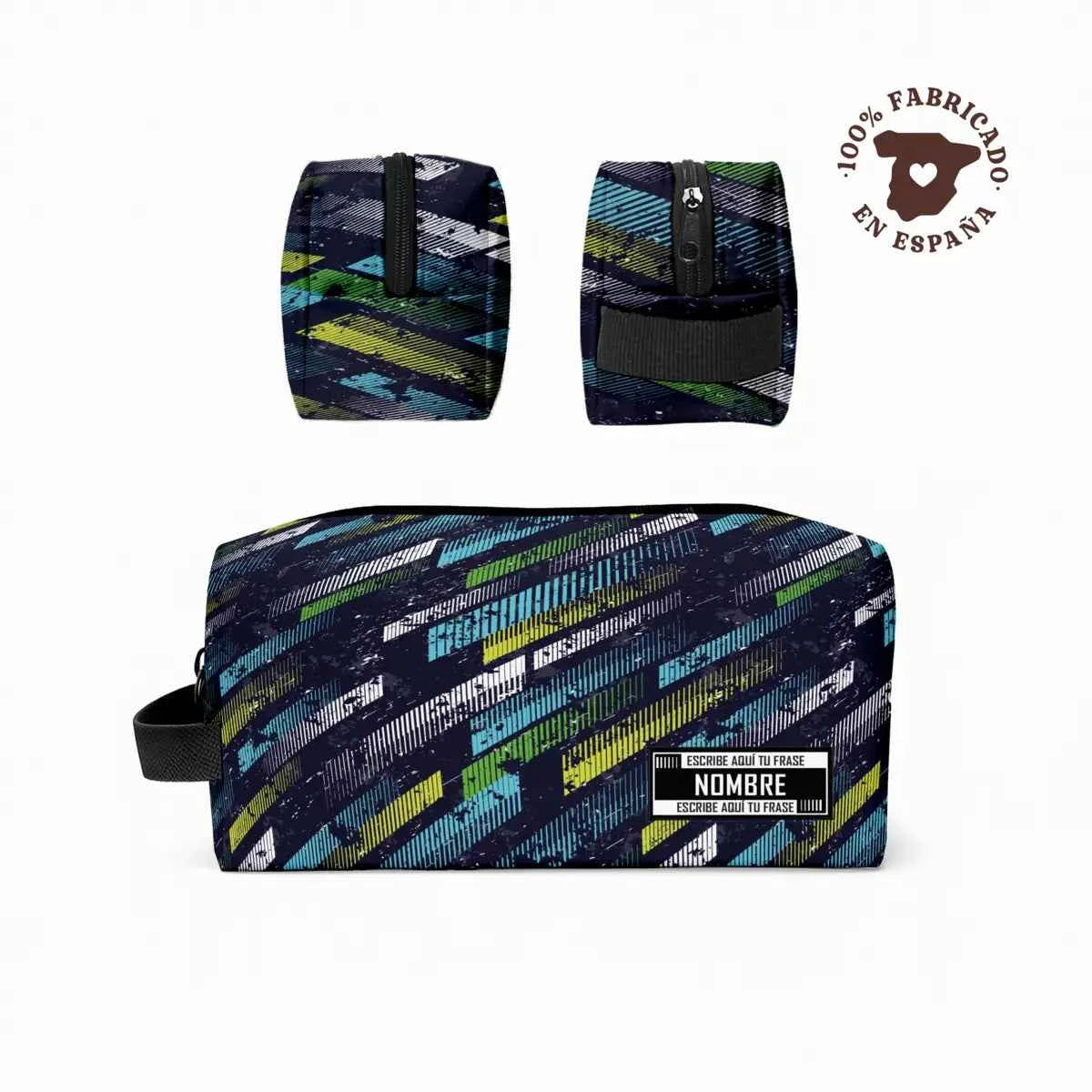 Neceser con estampado Green Burpee abstracto personalizado en tonos verde, marino y amarillo, ideal como regalo para el gym y fabricado en España.