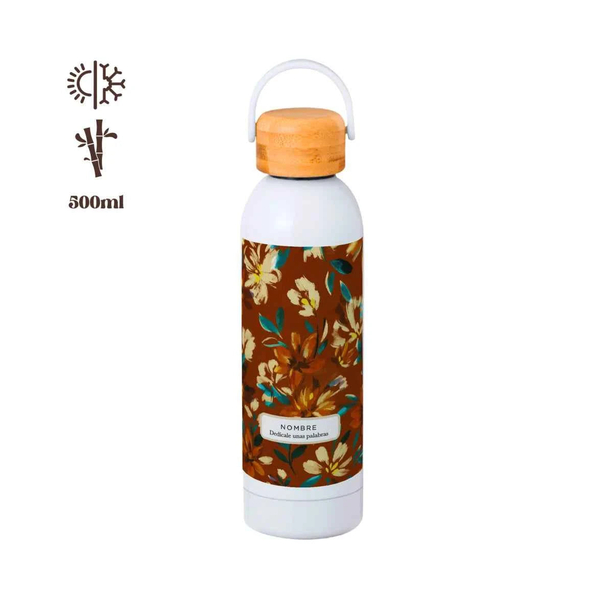 Bidón térmico de 500 ml con tapa de bambú, personalizado con nombre y decorado con estampado floral otoñal en tonos marrones y verdes.