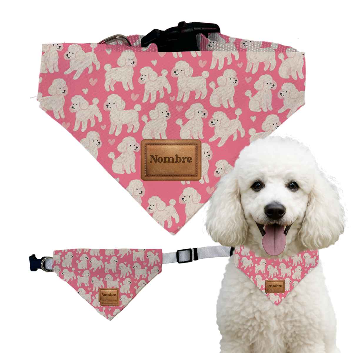 Bandana para perro con estampado Caniche Love en rosa personalizado con el nombre del perro.