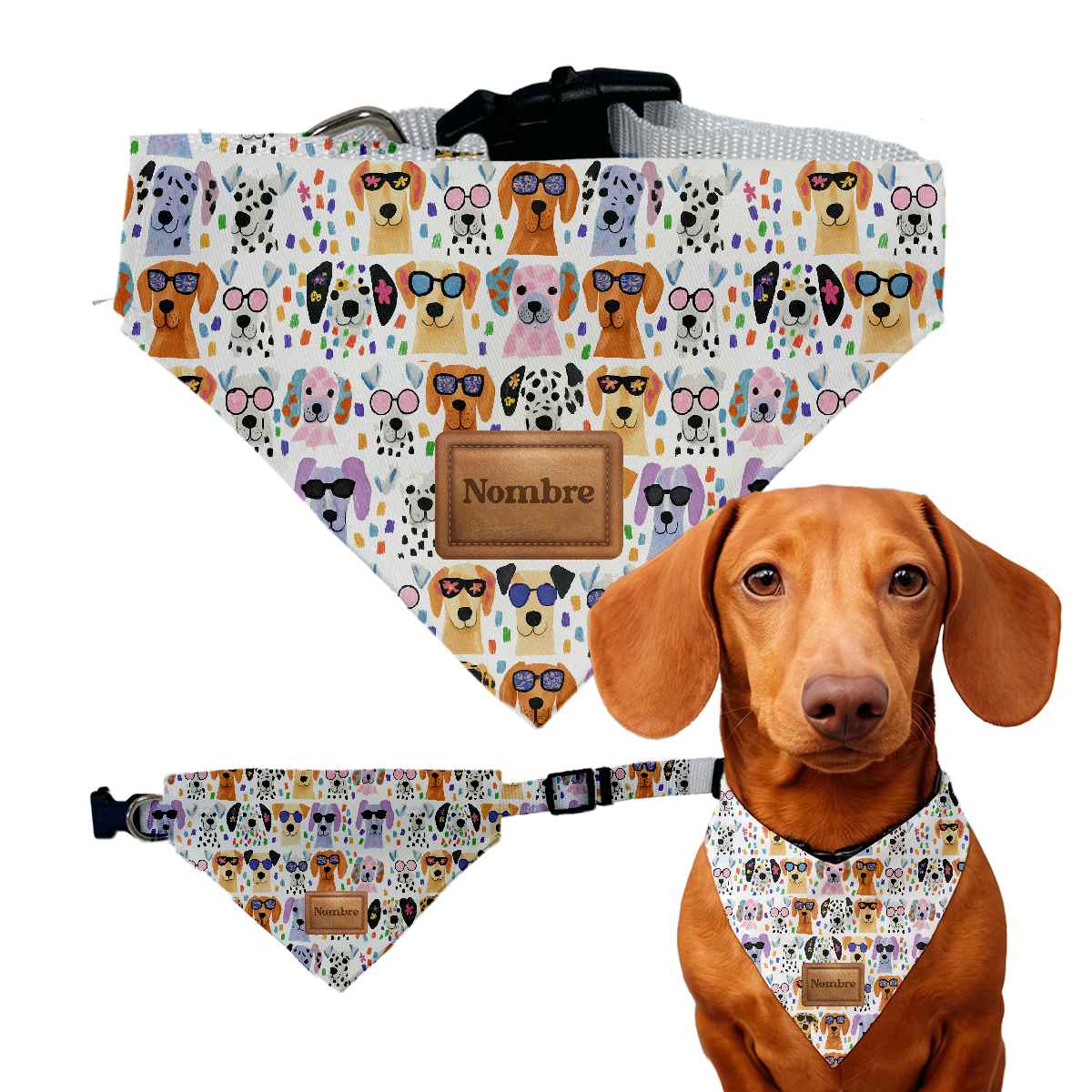 bandana para perro con estampado Caritas Perrunas personalizado con el nombre del perro.