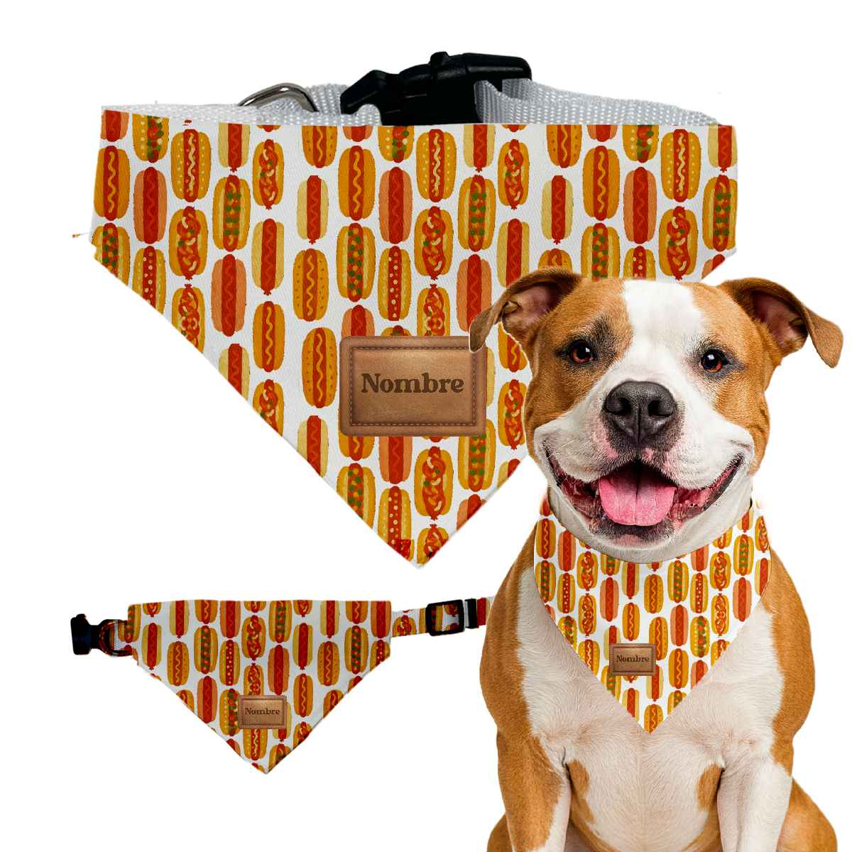 bandana para perros personalizada con nombre y estampado hot dog