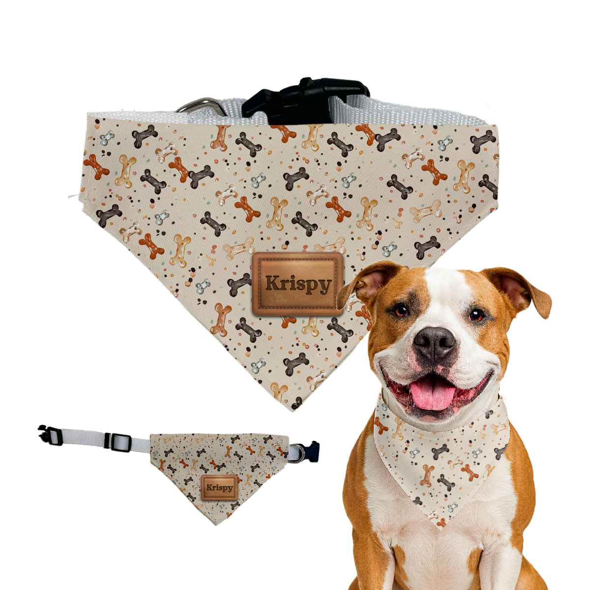 Bandana para perro personalizado con su nombre y estampado Huesitos Snack. Cuello ajustable y enganche para correa
