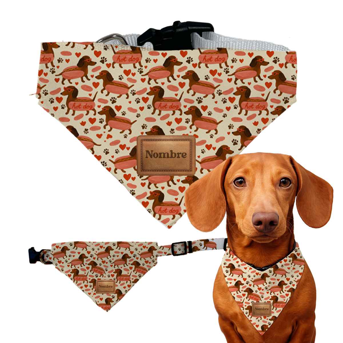 bandana para perros personalizada con nombre y estampado teckel salchilove