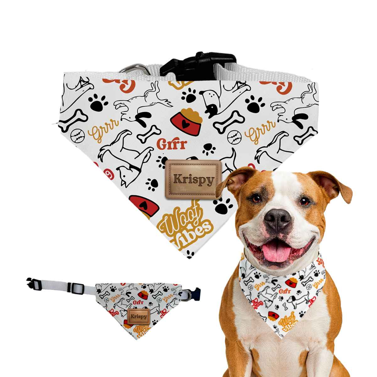 bandana para perros personalizada con nombre y estampado wouf vibes