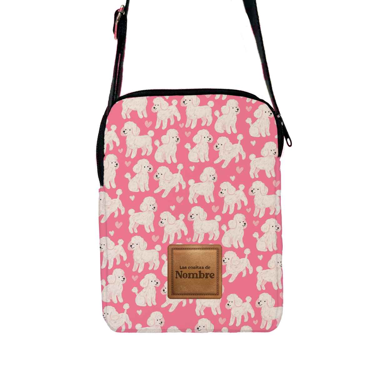 Bandolera del kit de paseo para perros con estampado Caniche Love, fabricada 100% en España y personalizada con el nombre del perro.