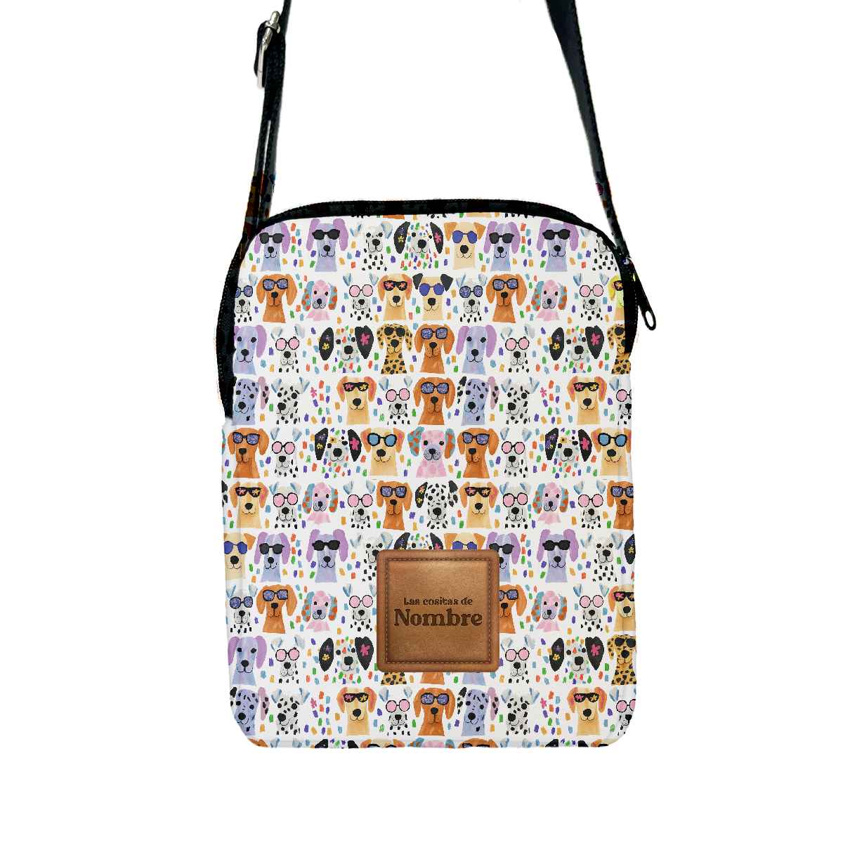 Bandolera del kit de paseo para perros con estampado Caritas Perrunas, fabricada en España y personalizada con el nombre del perro.