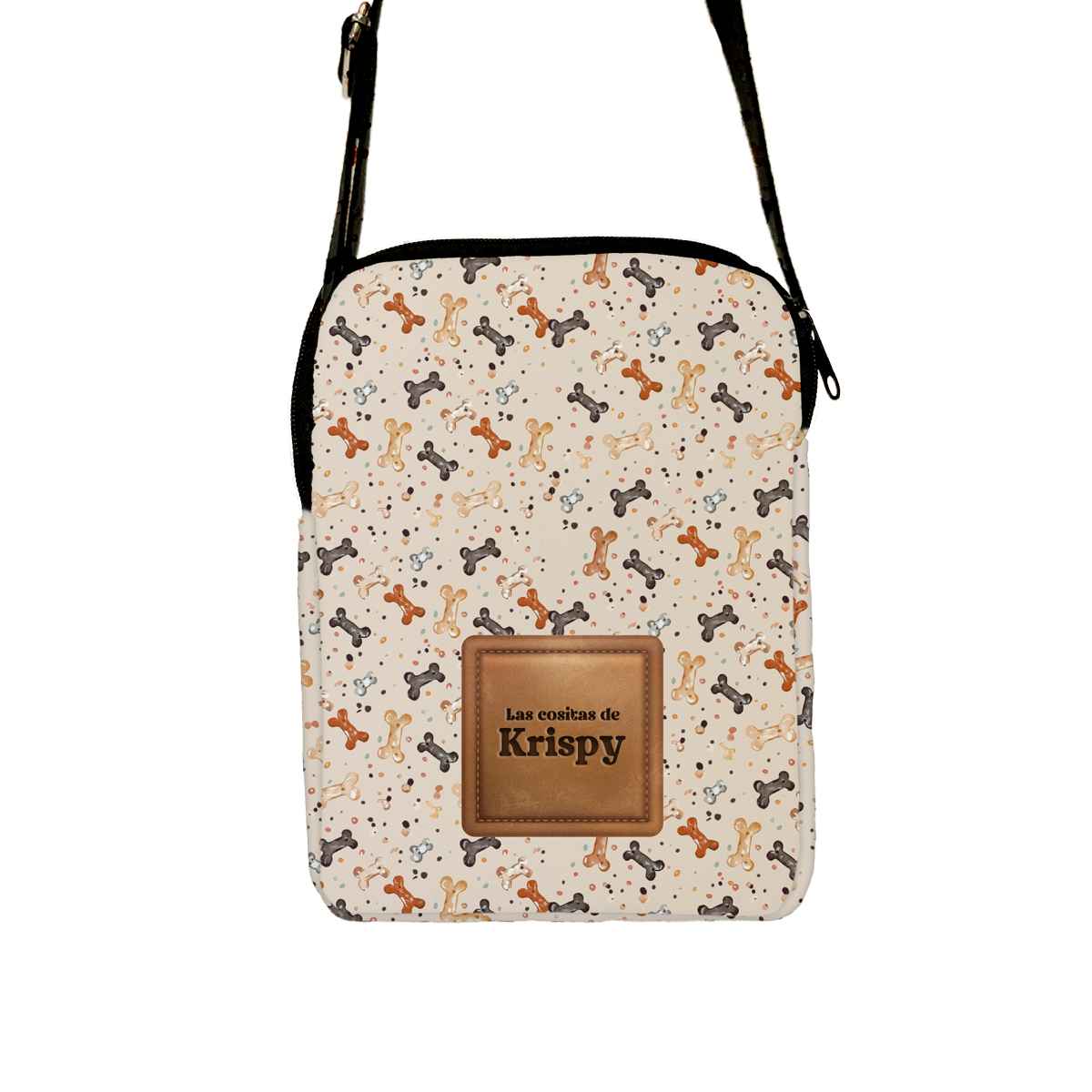 Bandolera para perros fabricada en España con estampado Huesitos Snack, personalizada con el nombre del perro.