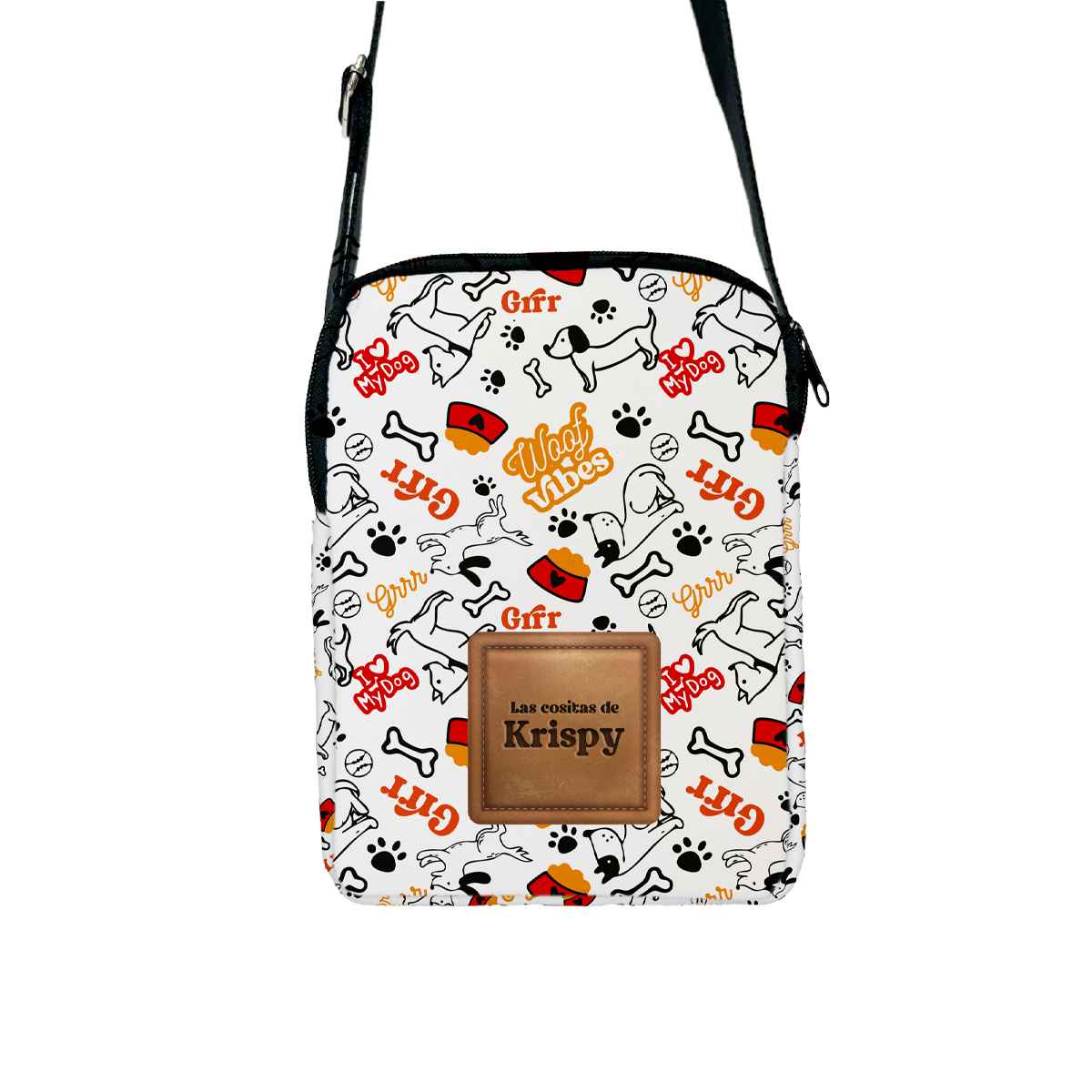 Bandolera del kit de paseo para perros con estampado Woof Vibes, fabricada 100% en España y personalizada con el nombre del perro.