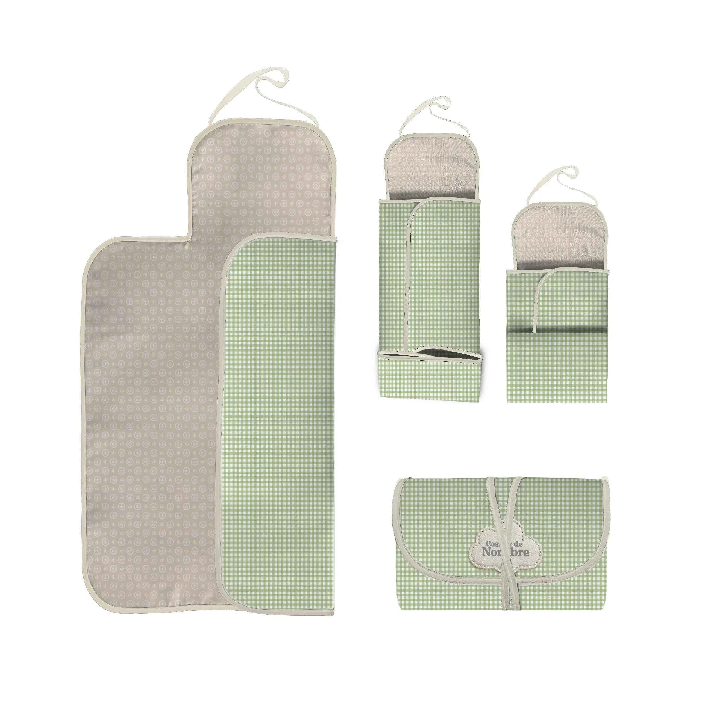 Cambiador enrrollable con estampado Vichy Menta fabricado en España. Suave, práctico y perfecto para cualquier salida.