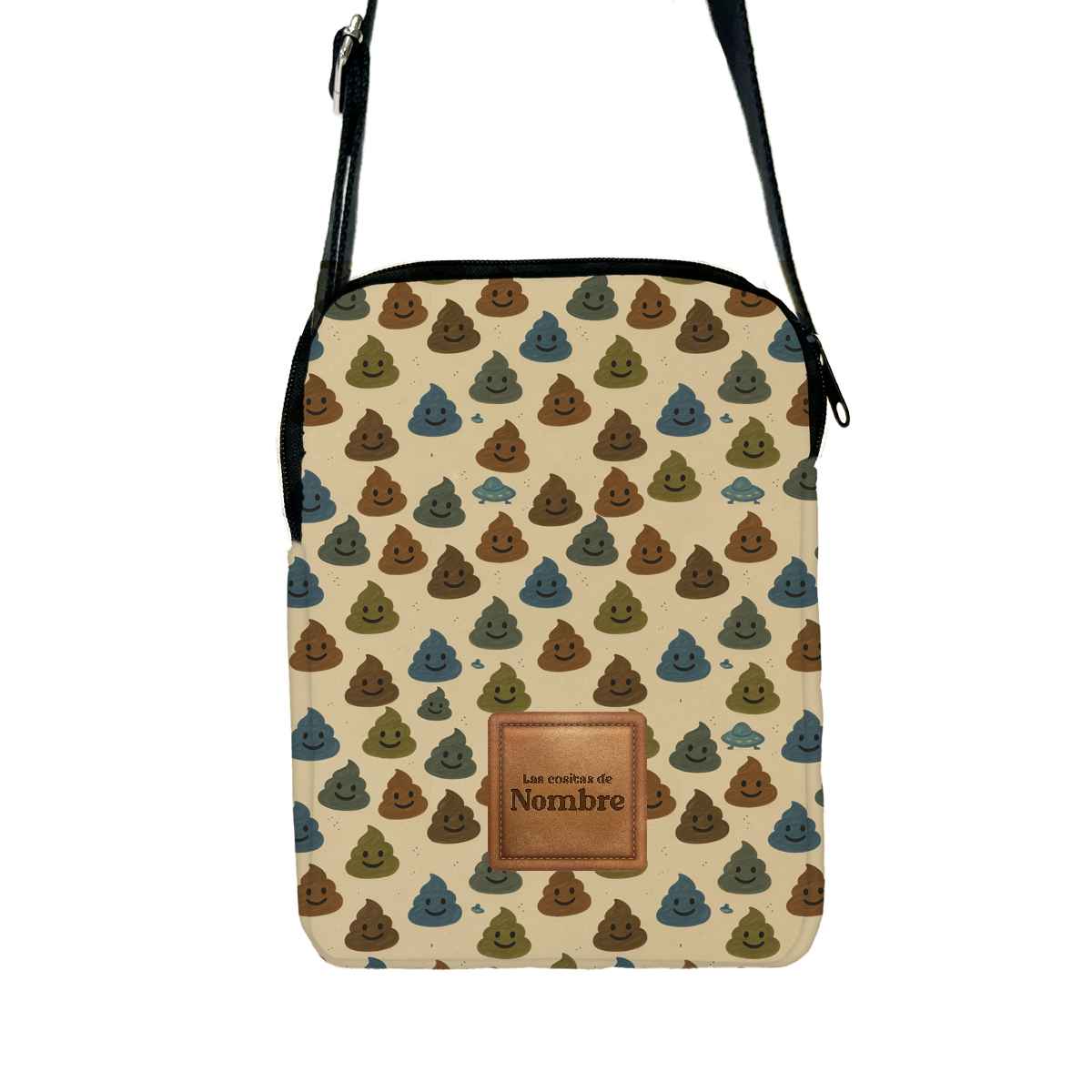 Bandolera de loneta fabricada 100% en España con estampado CacaLove y sello integrado ‘Las cositas de [nombre]’, personalizable con nombre del perro.