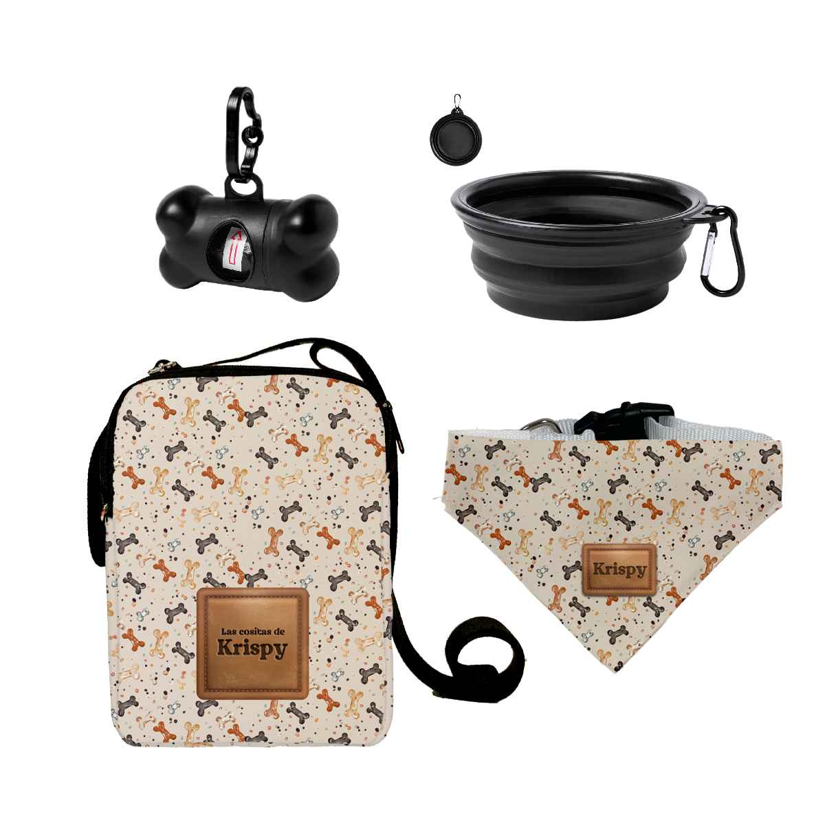 Bandolera para perros fabricada en España personalizada con sello integrado y estampado Huesitos Snack en tonos beige y marrones.