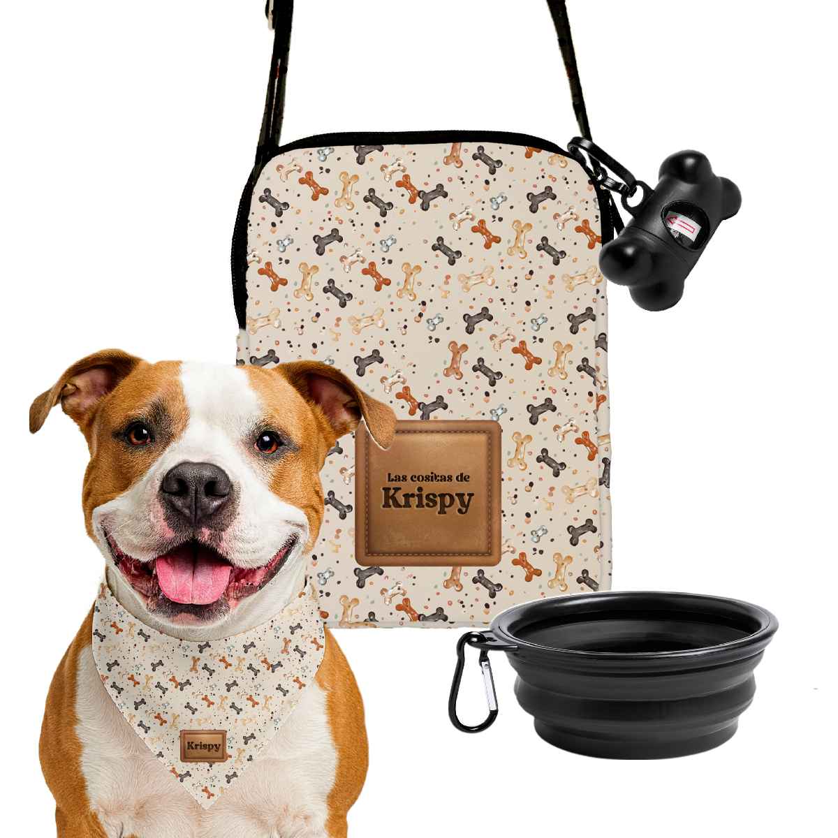Kit de paseo para perros Huesitos Crunch con bandolera personalizada fabricada en España, pañuelo con nombre, comedero plegable, pelota y porta-bolsas con estampado de huesitos en tonos marrón y beige.