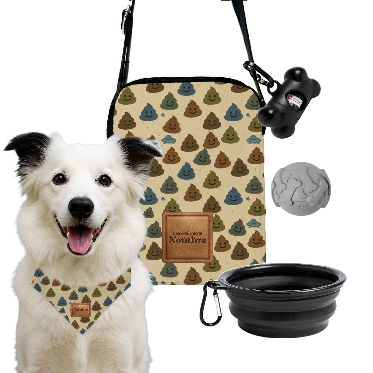 Kit de paseo para perros personalizado CacaLove con bandolera, bandana, comedero plegable, pelota y porta bolsita