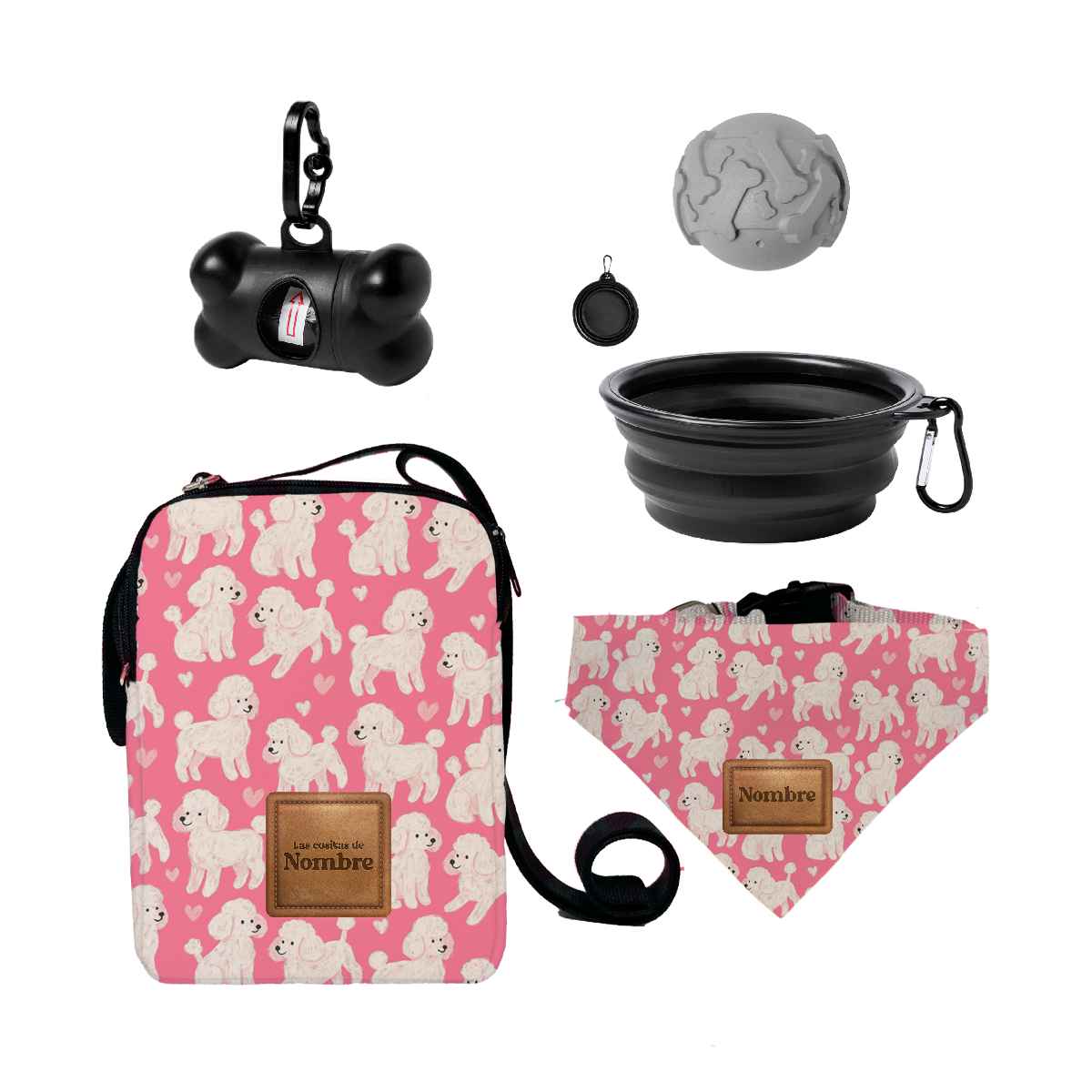Kit de paseo para perros Caniche Love con bandolera personalizada fabricada en España, bandana con nombre, comedero plegable, pelota y porta-bolsas, estampado de caniches blancos sobre fondo rosa.