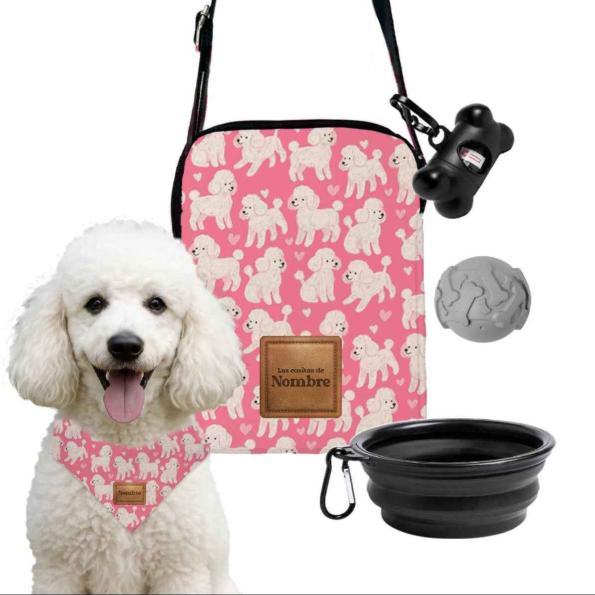 Kit de paseo para perros Caniche Love con bandolera personalizada fabricada en España, bandana con nombre, comedero plegable, pelota y porta-bolsas, estampado de caniches blancos sobre fondo rosa.
