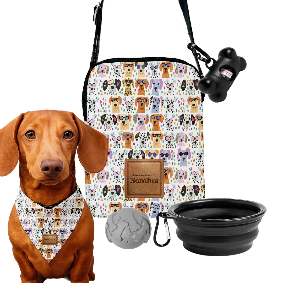 Kit de paseo para perros Caritas Perrunas con bandolera personalizada fabricada en España, bandana con nombre, comedero plegable, pelota y porta-bolsas con estampado colorido de caritas de perros con gafas.