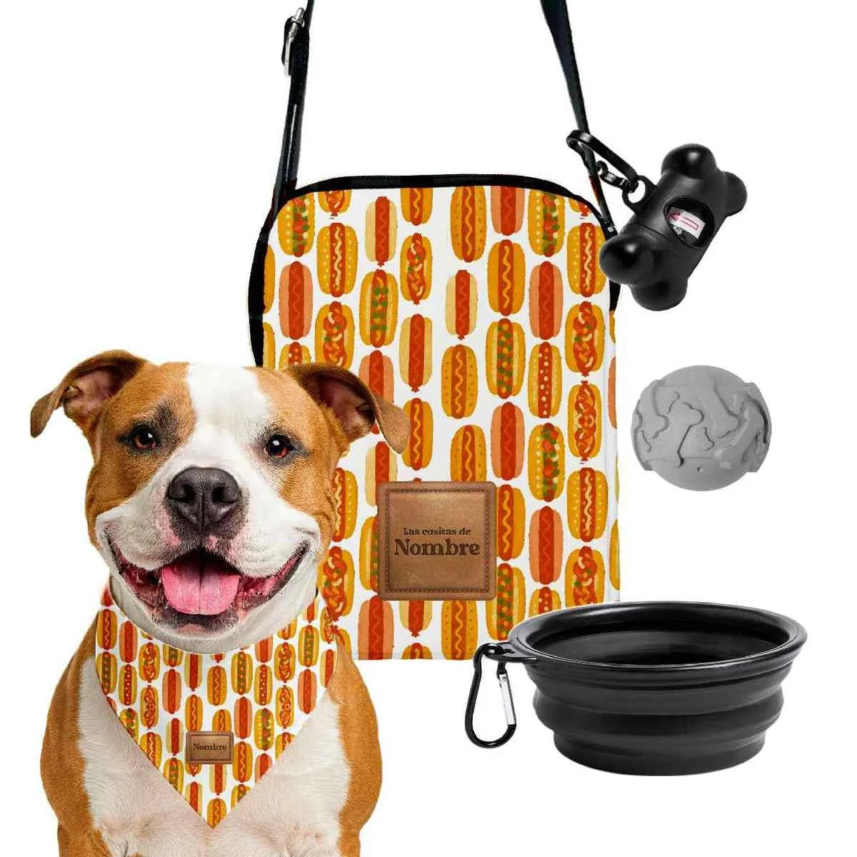 kit de paseo para perros hot dog con bandolera personalizada fabricada en españa bandana con nombre comedero plegable pelota y porta bolsas estampado hot dog