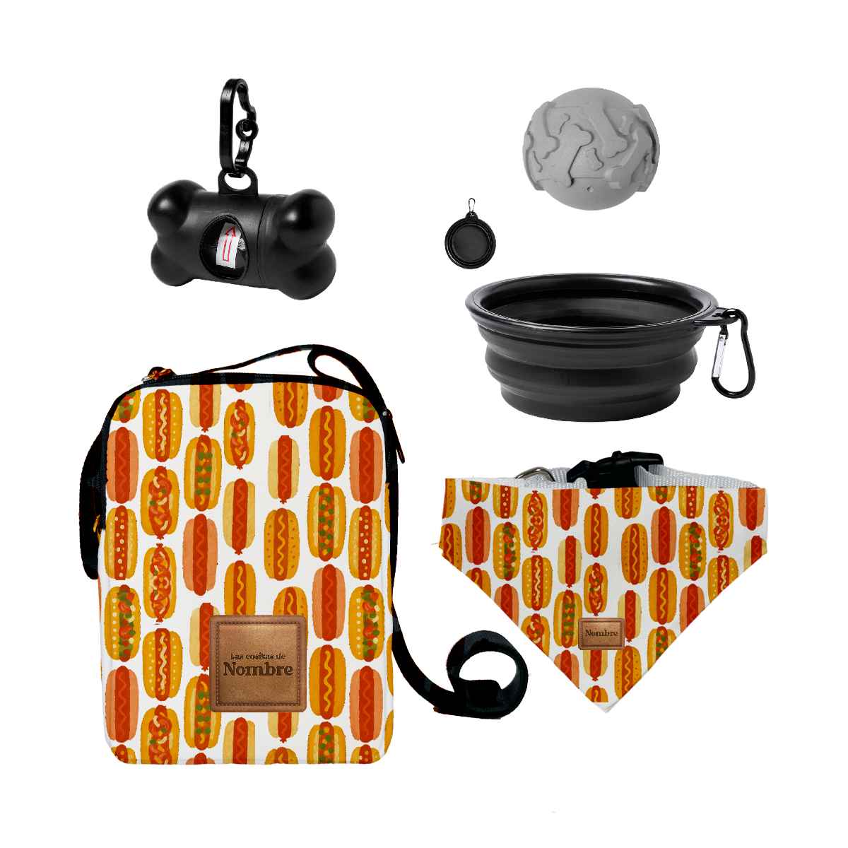kit de paseo para perros hot dog con bandolera personalizada fabricada en españa bandana con nombre comedero plegable pelota y porta bolsas estampado hot dog