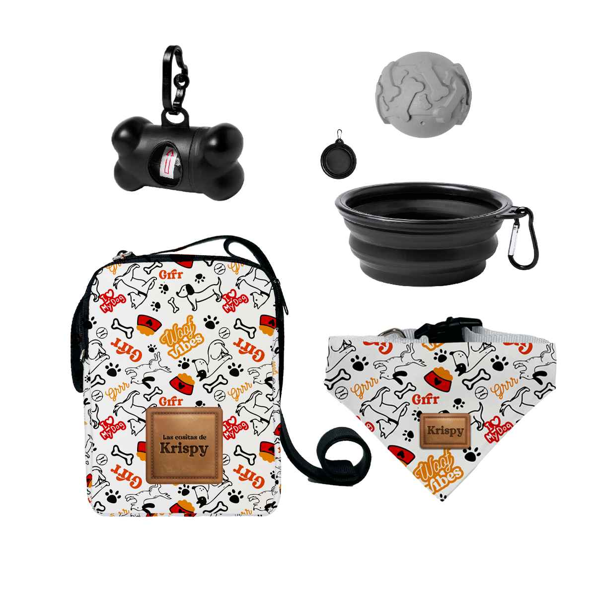Kit de paseo para perros Woof Vibes con bandolera personalizada fabricada en España, pañuelo con nombre, comedero plegable, pelota y porta-bolsas con diseño doodle de perros, huesos y huellas.
