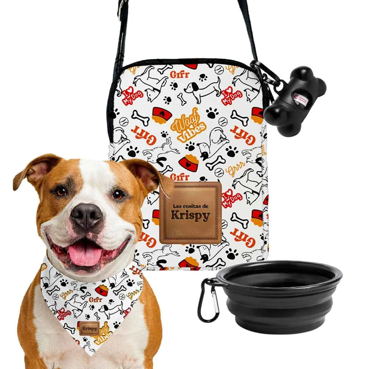 Kit de paseo para perros wouf vibes con bandolera personalizada fabricada en españa bandana con nombre comedero plegable pelota y porta bolsas
