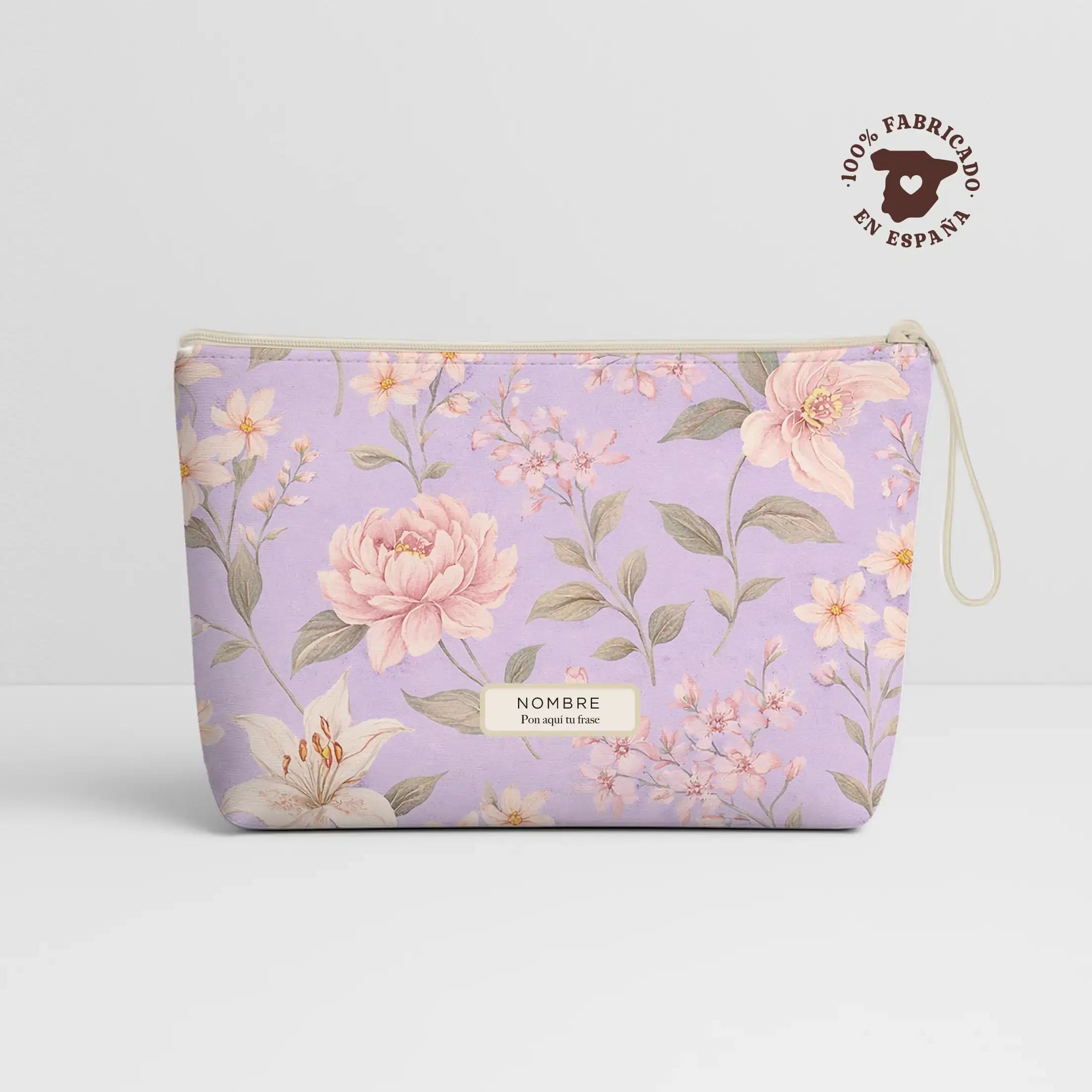 Pack 4 Neceseres - Ramito de Violetas con diseño floral en fondo lavanda, fabricado en España.