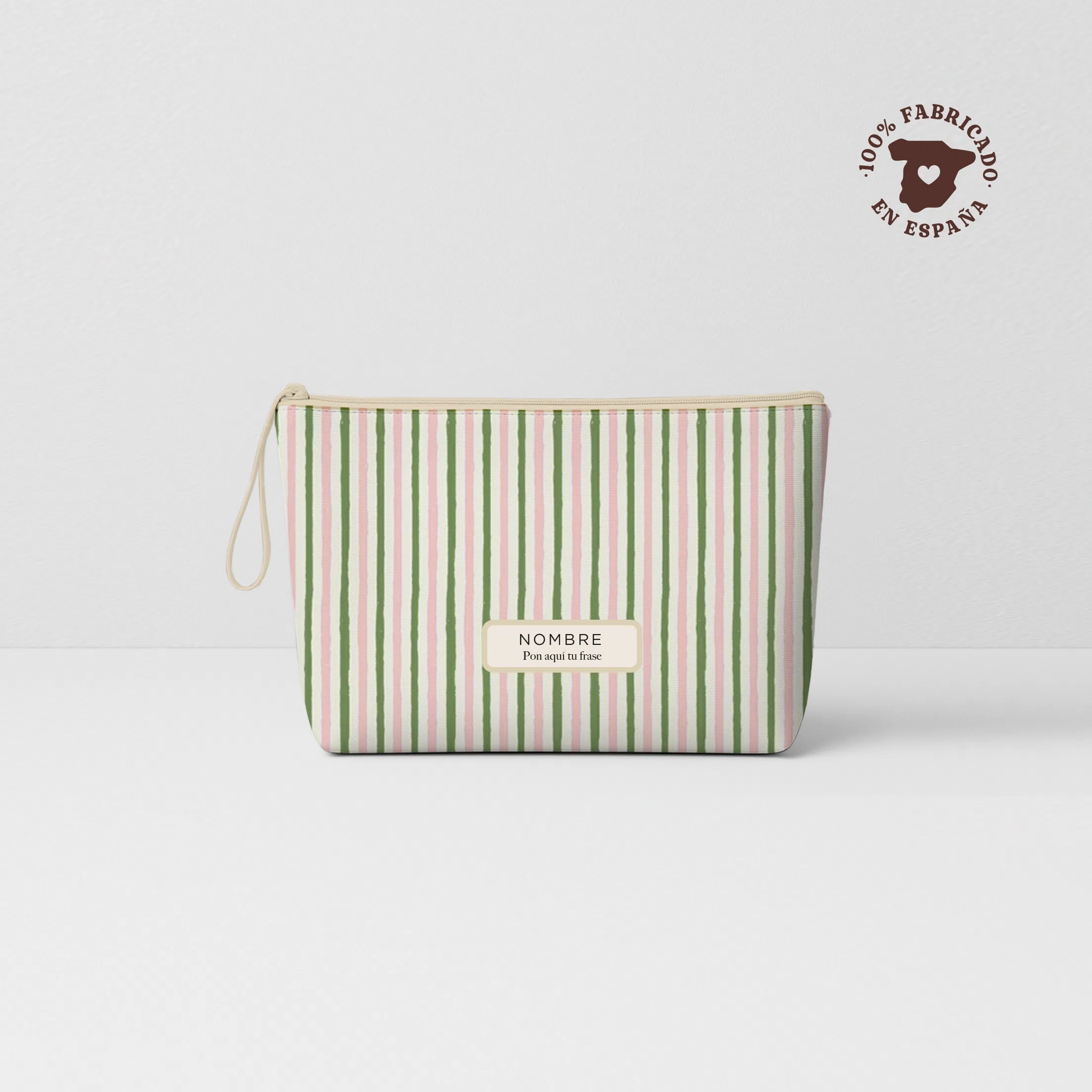 Pack 4 Neceseres | Rosita Bonita, neceser de rayas verdes y rosas con cierre y etiqueta personalizada.