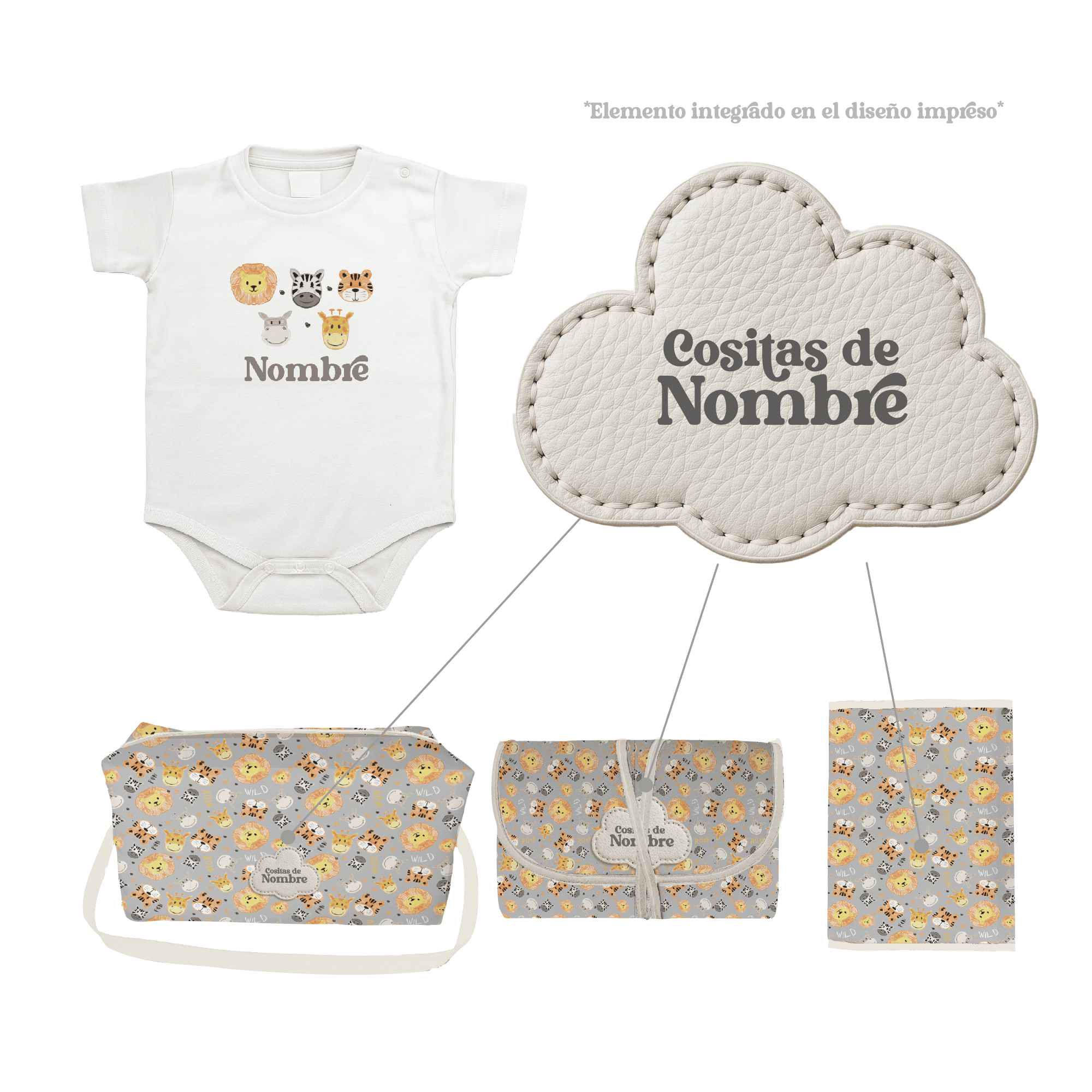 Pack Bebé Animales personalizado con sello “Cositas de”. Incluye bolso, portapañales, cambiador y body. Regalo práctico y organizado.