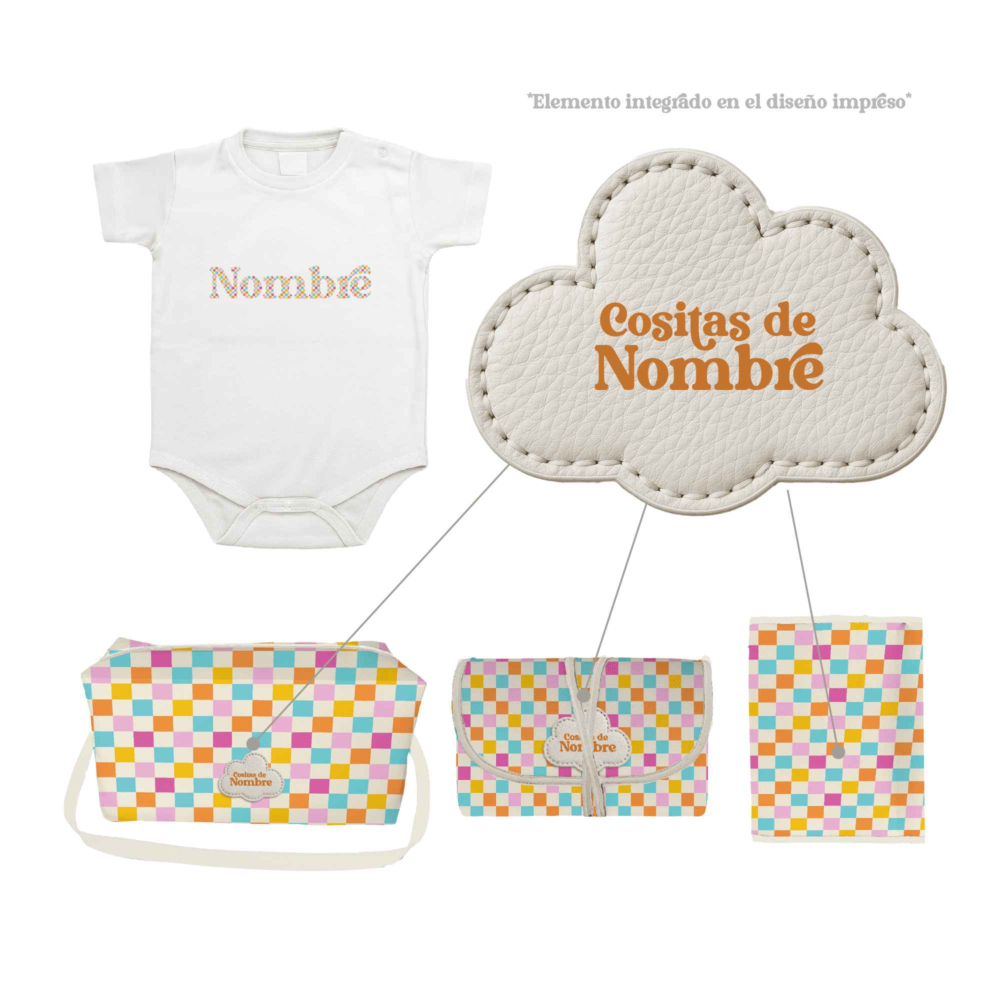 Pack Bebé Cuadritos Baby personalizado con sello “Cositas de”. Incluye bolso, portapañales, cambiador y body. Regalo práctico y colorido.