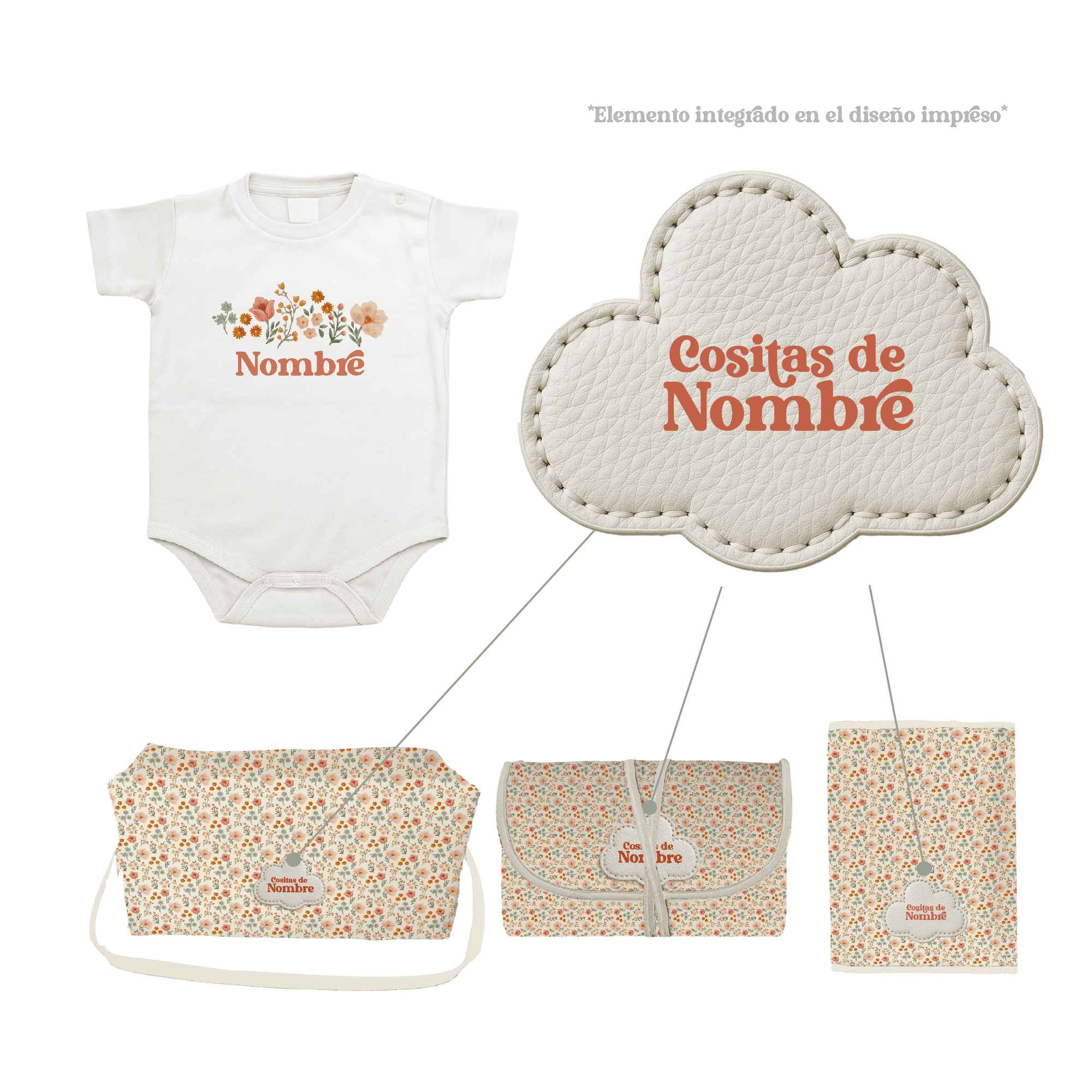 Pack Bebé Florecitas Vintage con sello “Cositas de”. Incluye bolso, portapañales, cambiador y body personalizado. Regalo dulce y práctico.