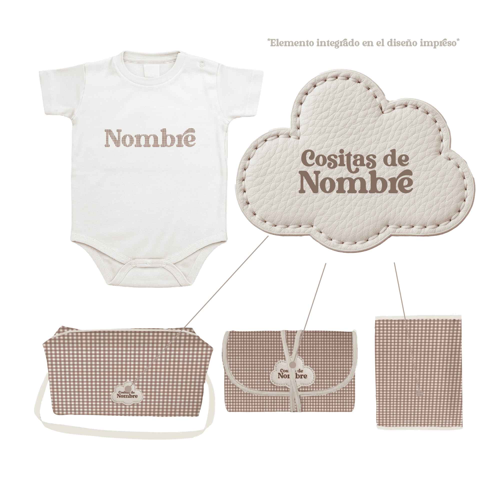 Pack Bebé Vichy Choco personalizado con sello “Cositas de”. Incluye bolso, portapañales, cambiador y body. Regalo organizado y elegante.