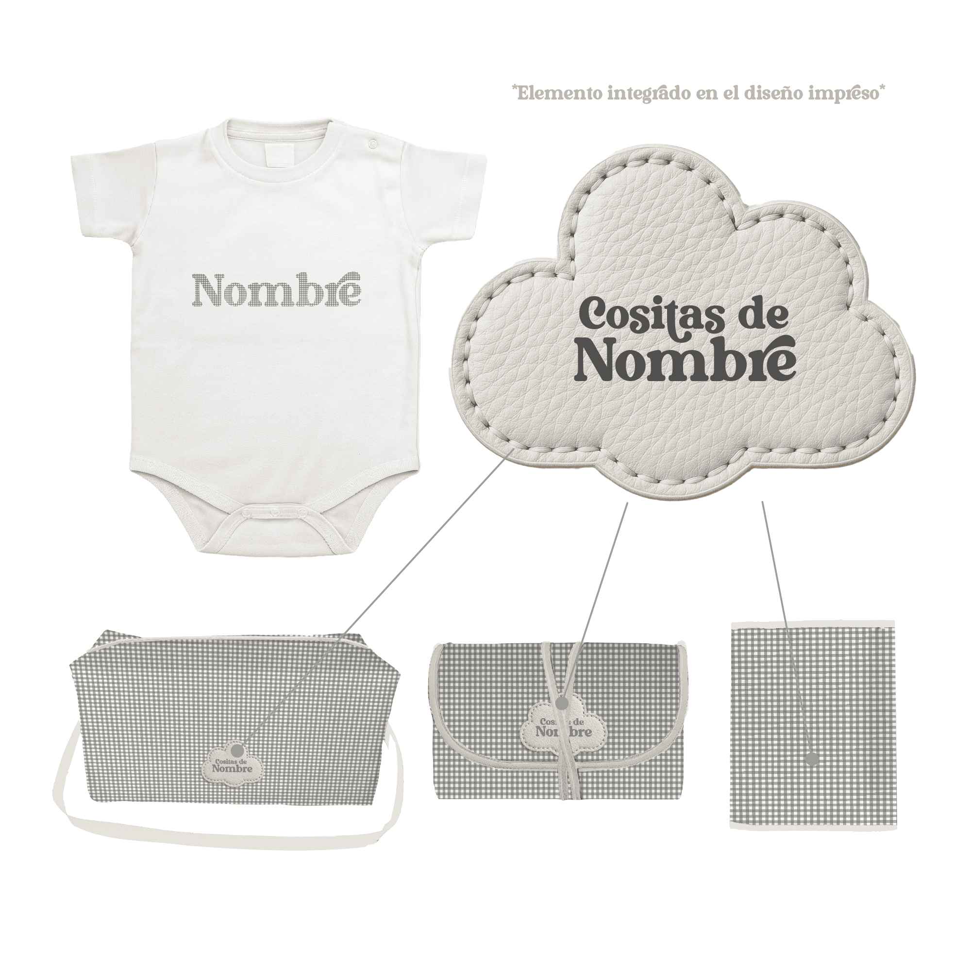 Bolso de bebé acolchado con estampado Vichy Gris, 100% fabricado en España. Personalizable, ligero y con gran capacidad.