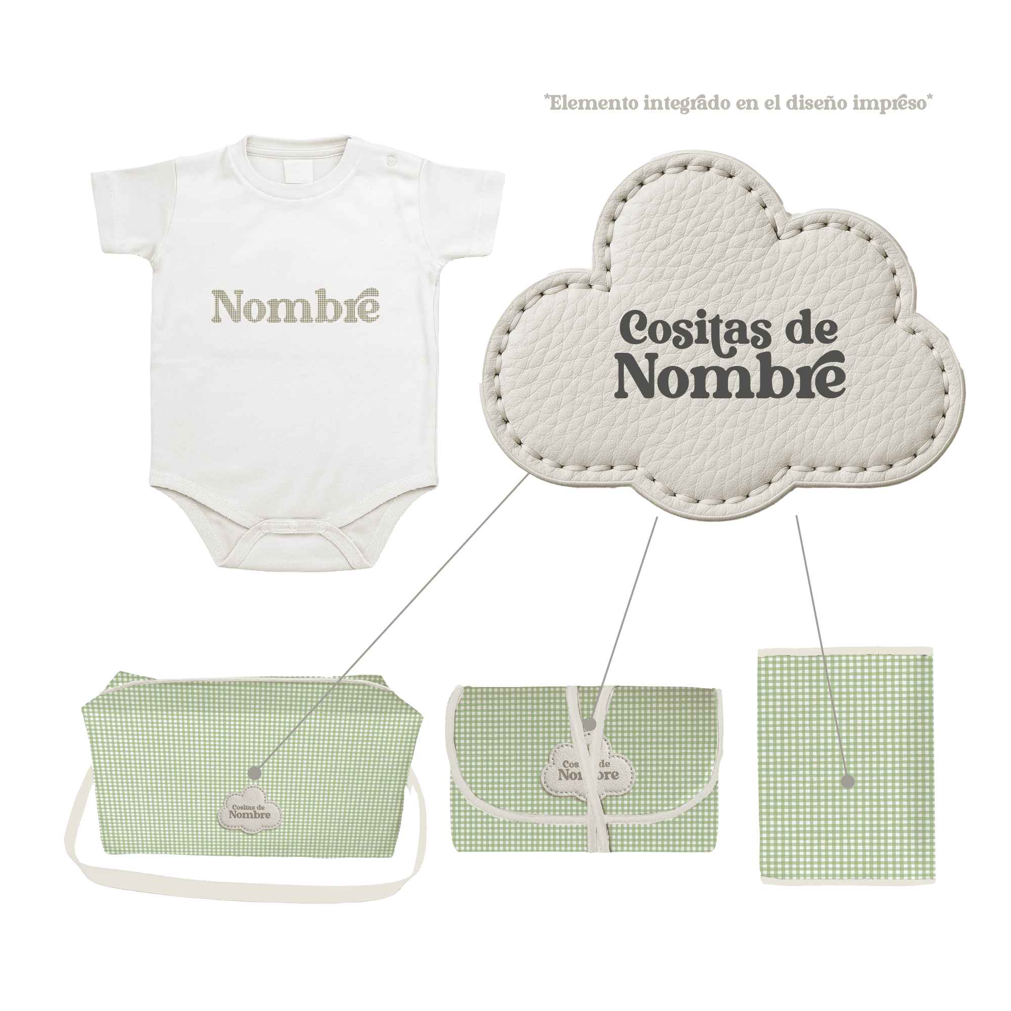 Pack Bebé Vichy Menta personalizado con sello “Cositas de”. Incluye bolso, portapañales, cambiador y body. Regalo práctico y organizado.