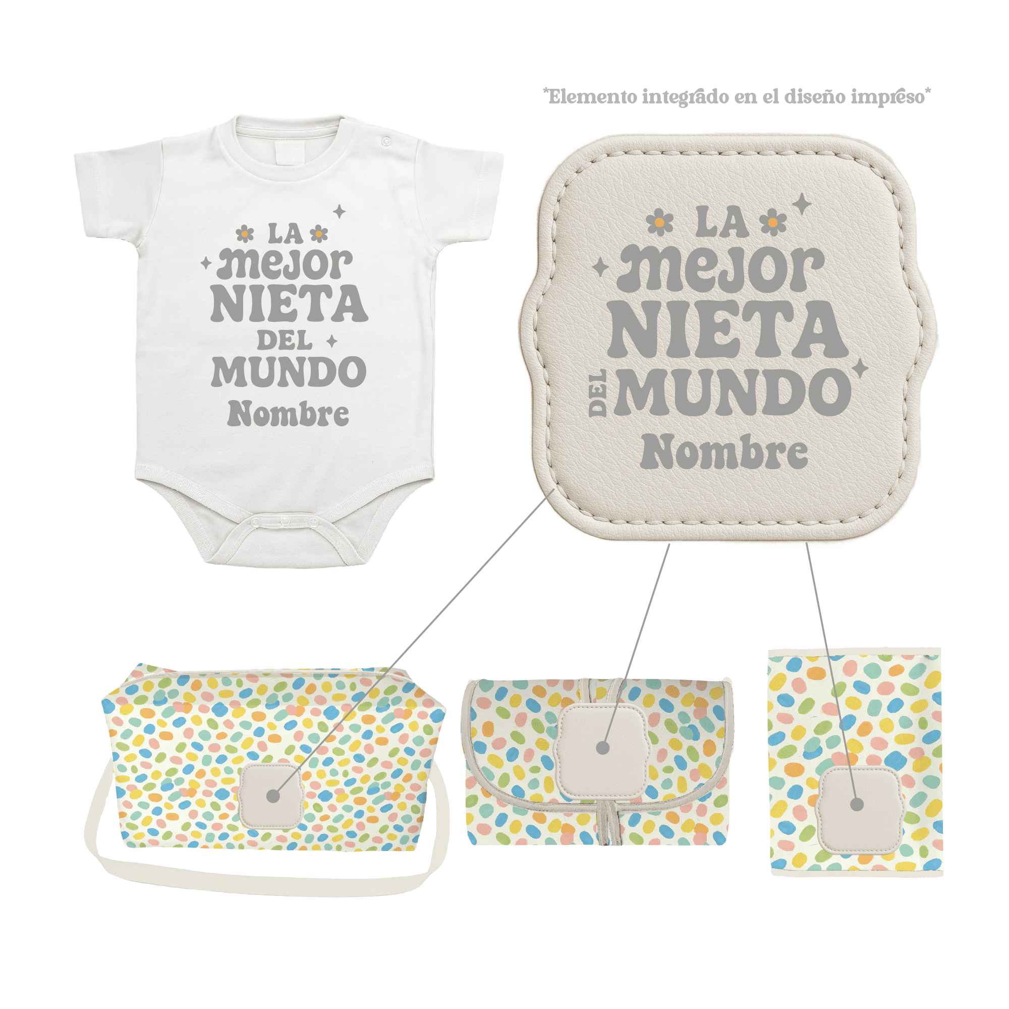 Pack Bebé Baby Confetti con sello “Soy la mejor nieta del mundo”. Incluye bolso, portapañales, cambiador y body personalizado. Ideal como regalo para abuelos.