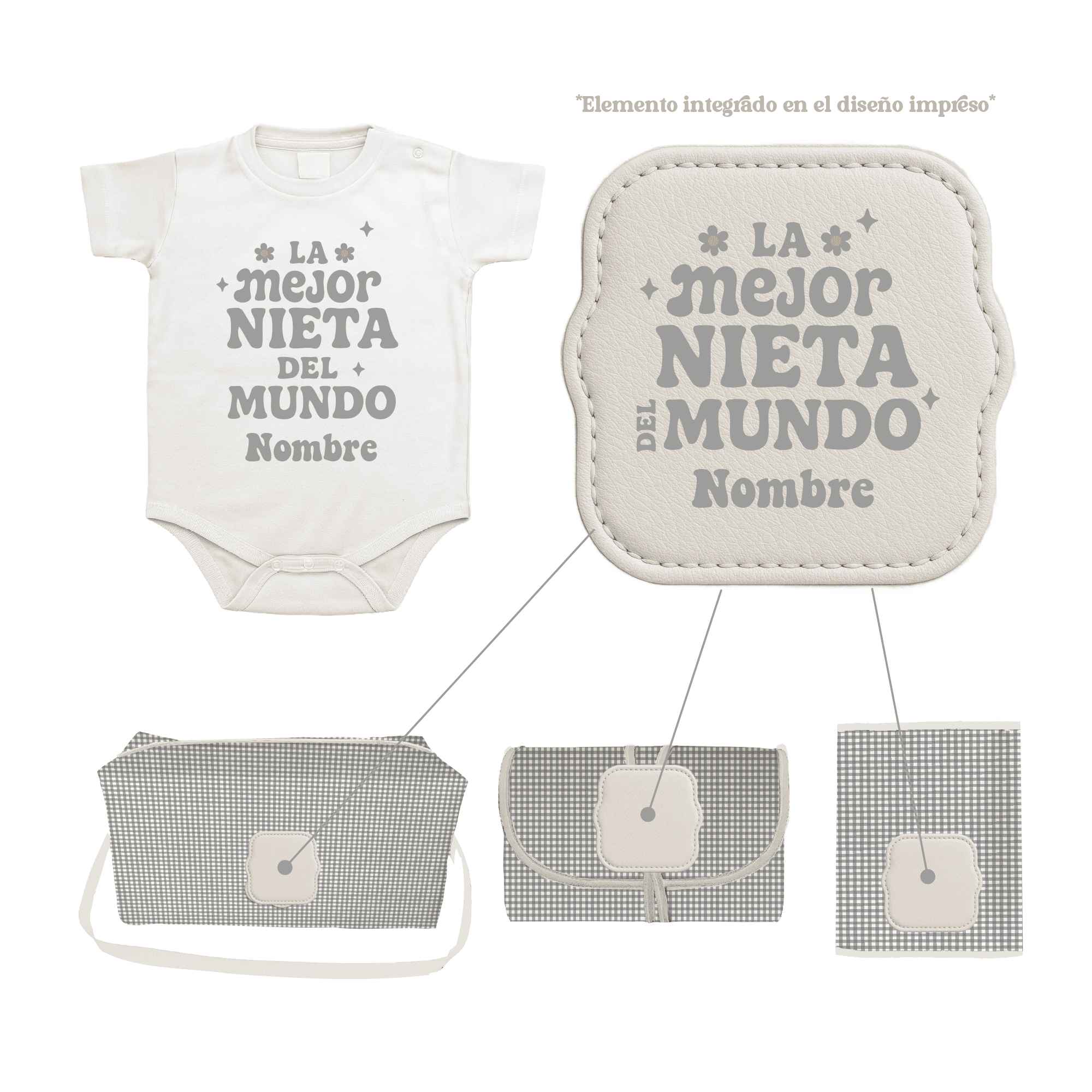Pack Bebé Vichy Gris con sello “Soy la mejor nieta del mundo”. Incluye bolso, portapañales, cambiador y body personalizado. Regalo perfecto para abuelos.